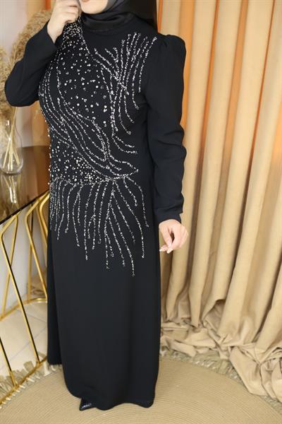 Kuşaklı Gofre Elbise  Siyah